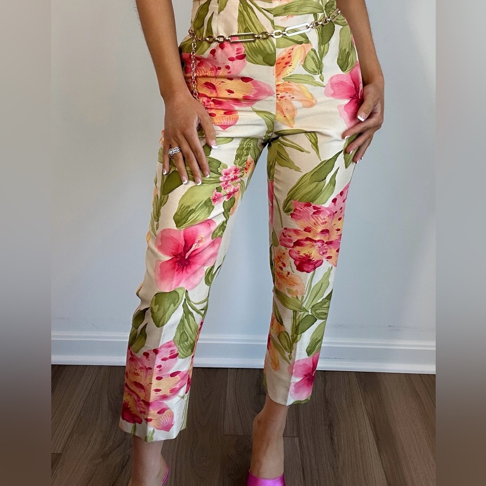 Vintage Silk Dana Buchman Pink Green Floral Capri Pants - Picture 4 of 5